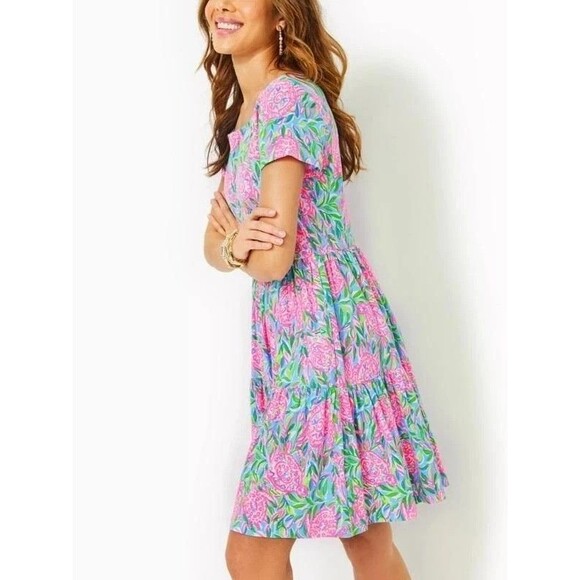 Lilly Pulitzer Geanna Swing Mini Dress Tiered Turtle Printed Cotton L NEW 282953 - Picture 2 of 8